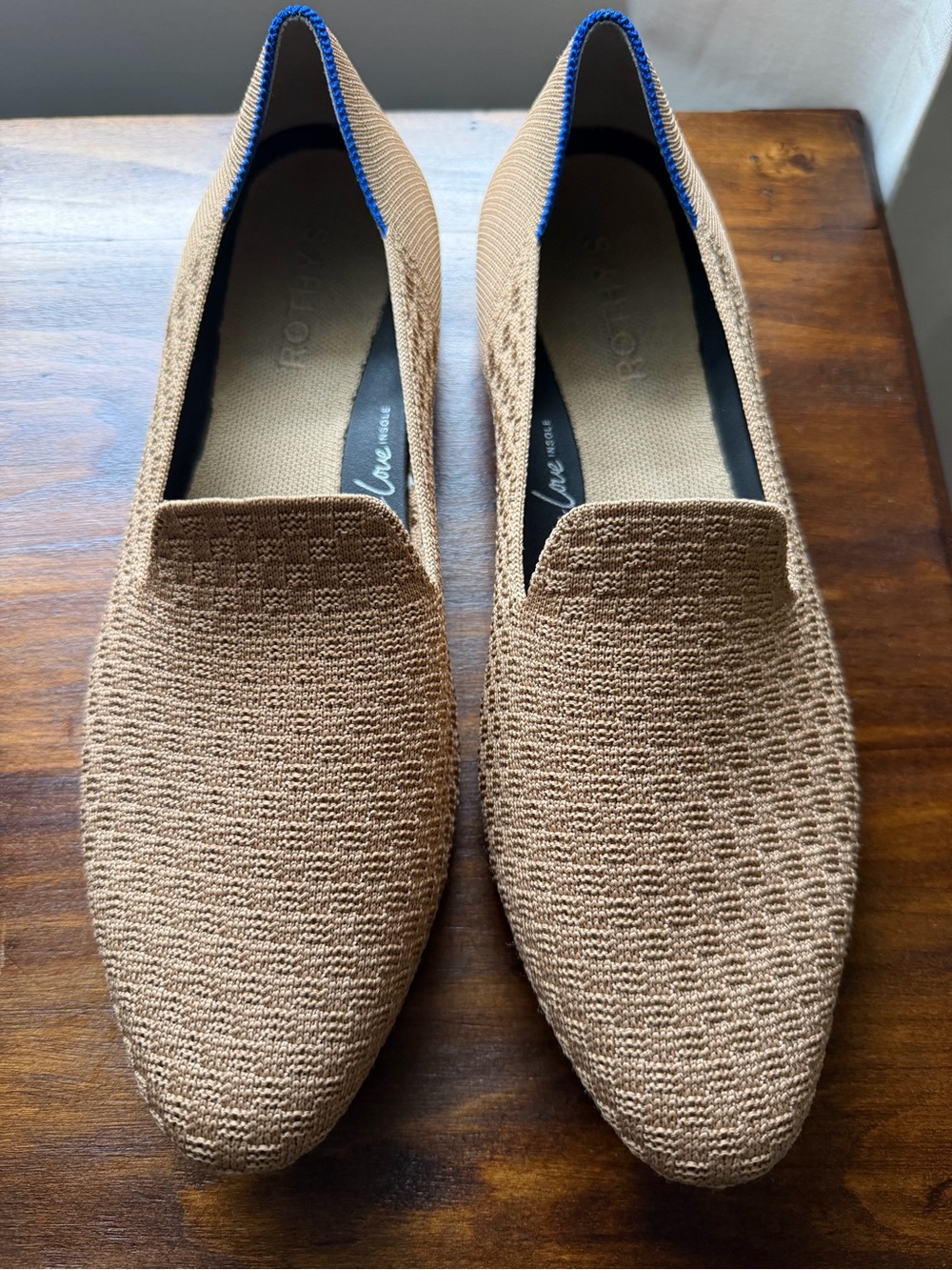Rothy's Tan Knit Women's Loafers with Blue Trim